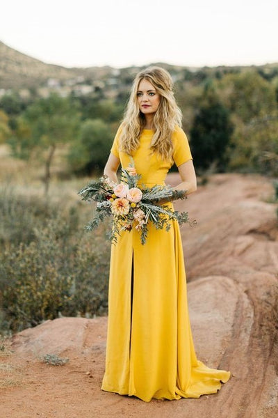 Yellow Bridesmaid Wedding Guest Dress with Short Sleeves – loveangeldress